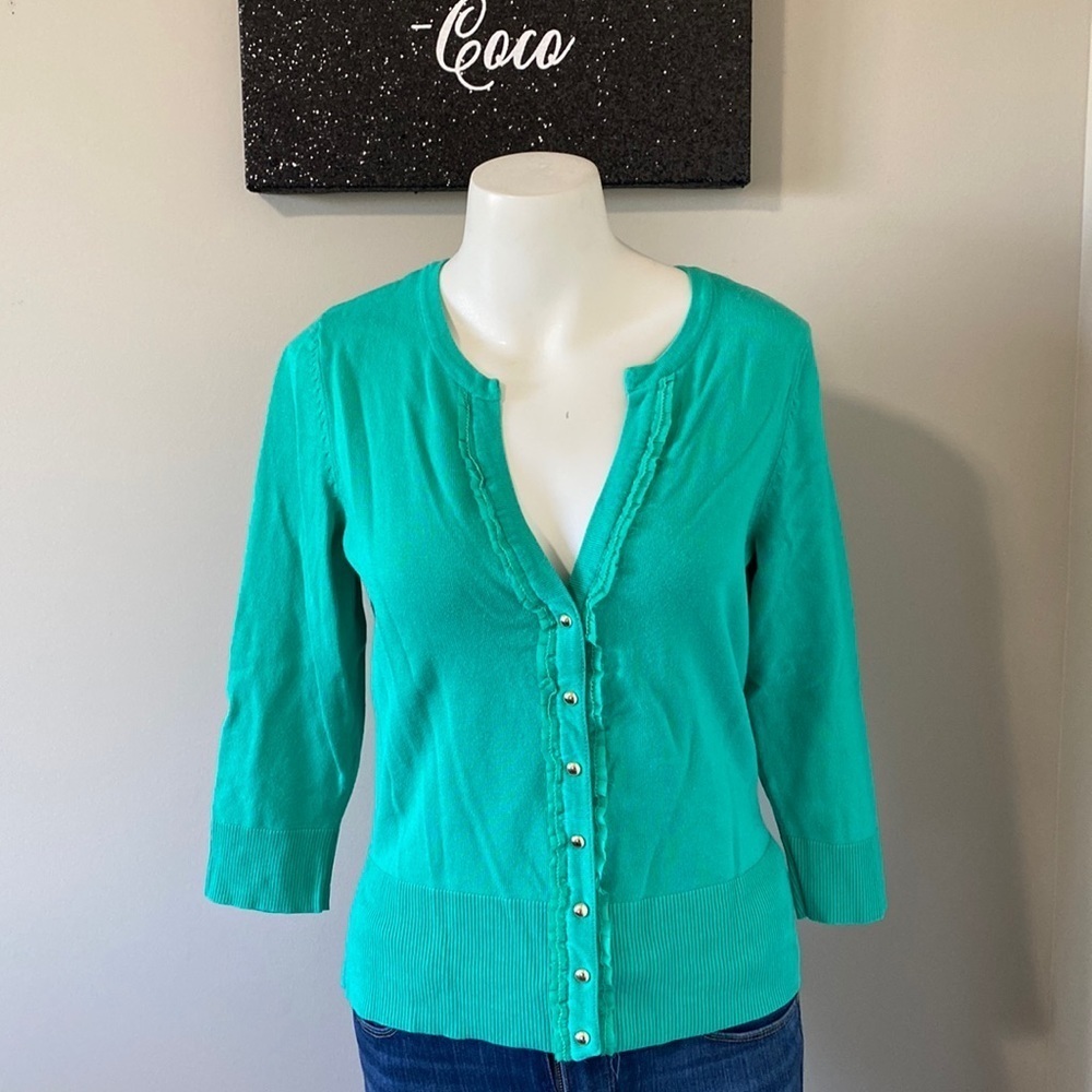 White House Black Market Green Ruffle Cardigan Size M